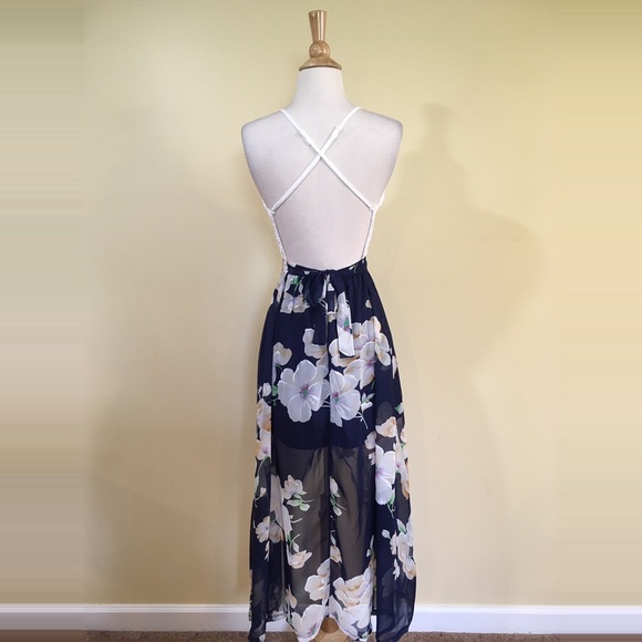 Strappy Backless Lace Bodice Floral Chiffon Dress - Picture 2 of 5